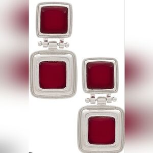 Elegant Silver and Red Square Earrings